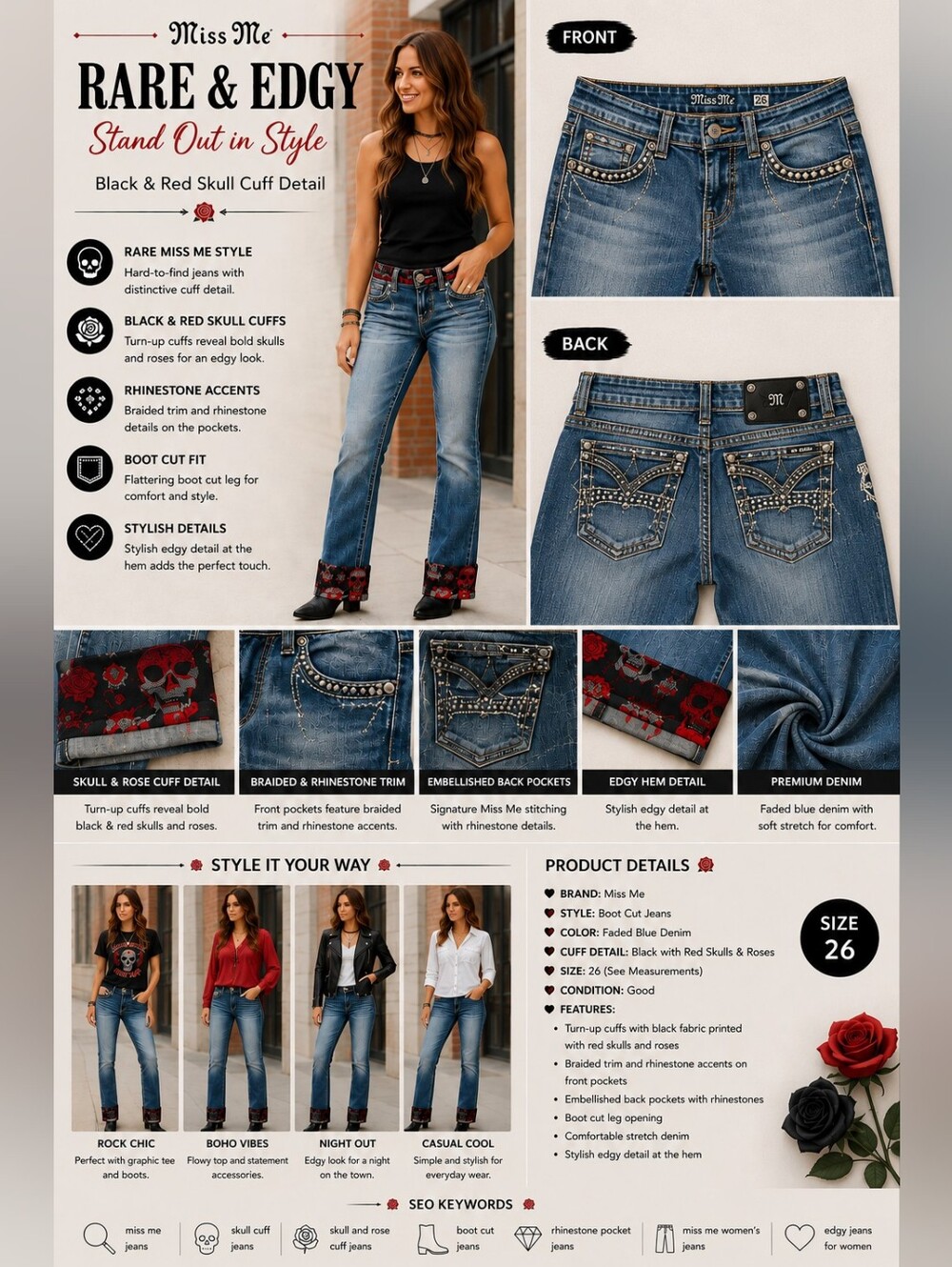 Rare Miss Me Bootcut Jeans 26 Skull Rose Cuff Rhinestone Embellished Y2K Western